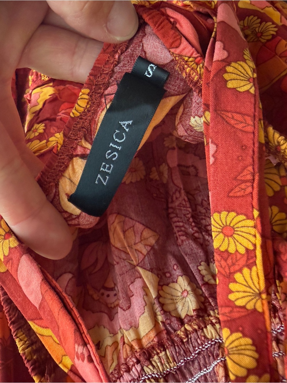 ZESICA Boho Floral Criss Cross Back Tiered Midi Dress - Sunset Orange & Pink - Picture 5 of 5